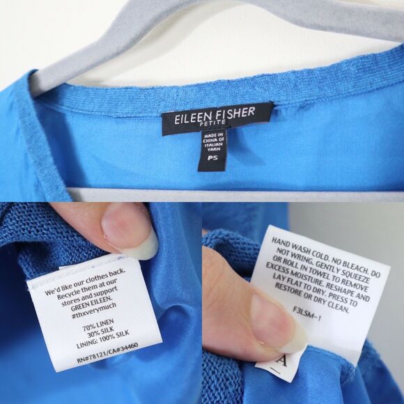 Eileen Fisher Size PS Silk Charmeuse Linen Knit Top Blue V Neck - Picture 3 of 12